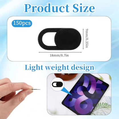 150 Pcs Webcam Cover Slide, 0.023 Inch Ultra-Thin Universal Laptop Phone Camera Cover for Laptop, Computer, Phone Privacy Protection and Security Black