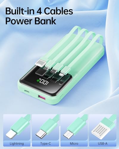 Portable Charger with Built in Cable - 20000mAh Fast Charging Power Bank USB C Slim 22.5W LED Display Battery Pack 5 Outputs & 3 Inputs for Travel Essentials iPhone Samsung Android Phones Tablets Cyan - color: Cyan