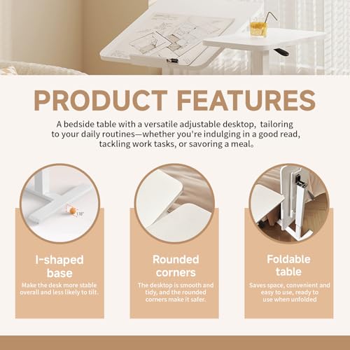Upgraded Overbed Bedside Desk with Hidden Wheels, Height Adjustable Rolling Laptop Stand with Extended Front Stopper, Tilting Over Bed Table for Bed Sofa, White - color: White, style: Upgraded