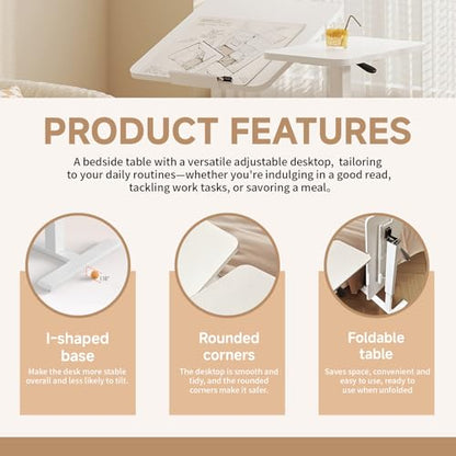 Upgraded Overbed Bedside Desk with Hidden Wheels, Height Adjustable Rolling Laptop Stand with Extended Front Stopper, Tilting Over Bed Table for Bed Sofa, White - color: White, style: Upgraded