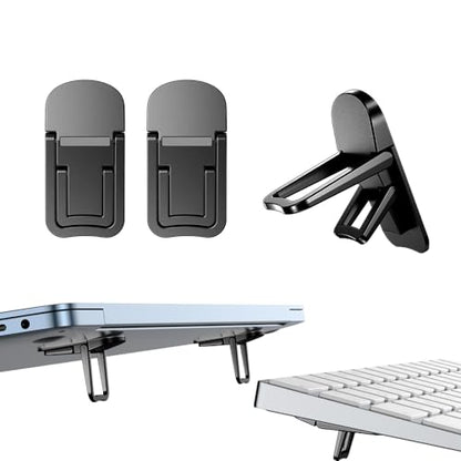 2PCS Zinc Alloy Mini Foldable Laptop Stand, Portable Computer Keyboard Riser with 2 Adjustable Angles, Self-Adhesive Invisible Notebook Stand and Keyboard Lift for Desk (Black)