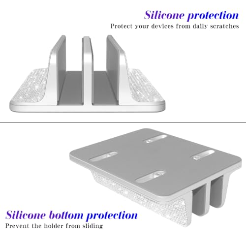 Bling Vertical Laptop Stand, Double Desktop Stand Holder with Adjustable Dock (Up to 17.3 inch),Compatible with All MacBook/Surface/Samsung/HP/Dell/Chrome Book (Silver Glitter Rhinestones)