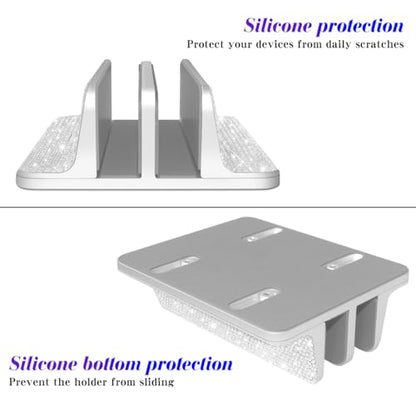 Bling Vertical Laptop Stand, Double Desktop Stand Holder with Adjustable Dock (Up to 17.3 inch),Compatible with All MacBook/Surface/Samsung/HP/Dell/Chrome Book (Silver Glitter Rhinestones)