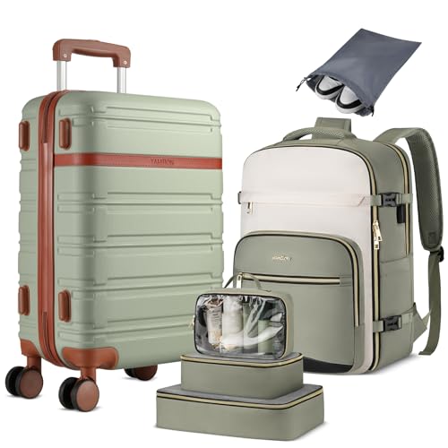 YAMTION Luggage Sets 6 Piece,Hardside 20In Suitcase with Spinner Wheels,TSA Lock,Carry On Suitcase Travel Essentials for Personal Items,Green - color: Green