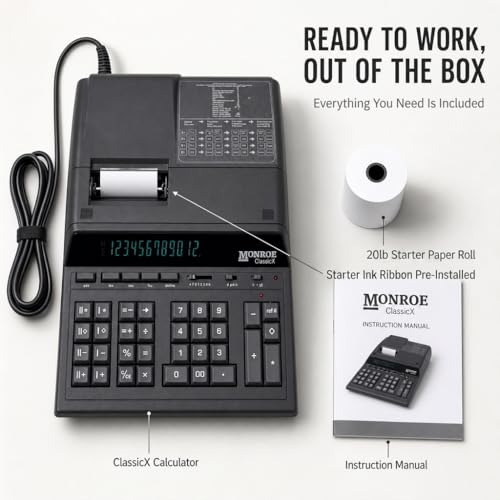 Monroe ClassicX 12-Digit Heavy-Duty Printing Calculator - Enclosed Paper Roll, Velvet Touch Keys, 5 Lines/Sec, Dual Memory - Professional Accounting Calculator