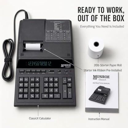 Monroe ClassicX 12-Digit Heavy-Duty Printing Calculator - Enclosed Paper Roll, Velvet Touch Keys, 5 Lines/Sec, Dual Memory - Professional Accounting Calculator