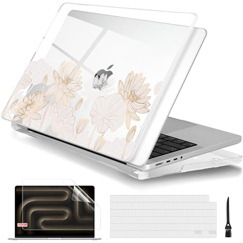 Batianda Aesthetic Case for MacBook Pro 14 Inch 2026-2021, Golden Lotus | Fits M5/M4/M3/M2/M1 Pro Max Model, 4-in-1 Bundle with Golden Lotus Line Art, Slim Hard Shell for Elegant Minimal Style Users - color: Golden Lotus