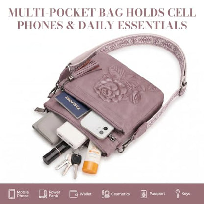 Vegan Leather Purses for Women, Daily Travel Crossbody Bags | Small Multi-Pocket Shoulder Bag with Adjustable Boho Wide Strap - color: Purple