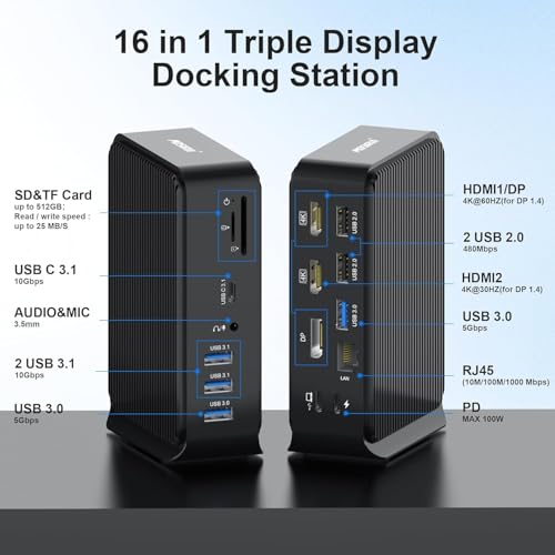 USB C Docking Station,16-in-1 Triple Display Universal Laptop Docking Station with Dual 4K HDMI/DP, 6XUSB-A,USB-C(10Gbps), RJ45, Audio,100W PD, SD/TF for Window,Mac OS