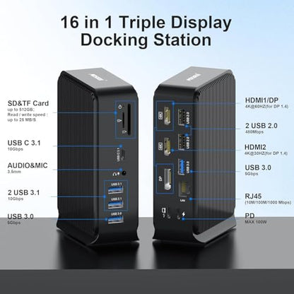 USB C Docking Station,16-in-1 Triple Display Universal Laptop Docking Station with Dual 4K HDMI/DP, 6XUSB-A,USB-C(10Gbps), RJ45, Audio,100W PD, SD/TF for Window,Mac OS