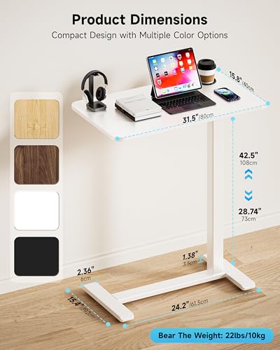 BIZUM Adjustable Bedside Table with Swivel Hidden Wheels Pneumatic Rolling Desk Mobile Standing Desk with Cup Holder for Hospital Home(31.5"x15.8" White) - color: White, size: 31.5"x15.8"