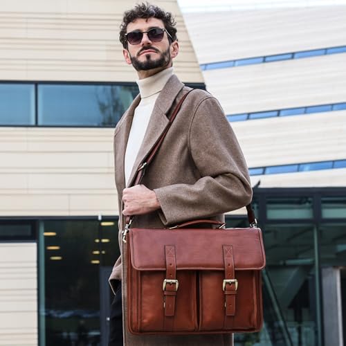 Time Resistance Leather Briefcase for Men Handcrafted in Italy Full Grain Messenger Bag for Laptop - color: Cognac
