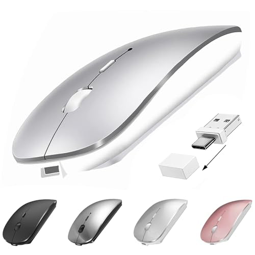 Bluetooth Wireless Mouse USB C for MacBook Air Pro iMac Laptop Desktop Computer, Wireless Rechargeable Silent C Mouse for Mac Desktop/iPad/Surface Pro (BT5.2/3.0, 2.4G USB A, Type-C Receiver) - color: Silver