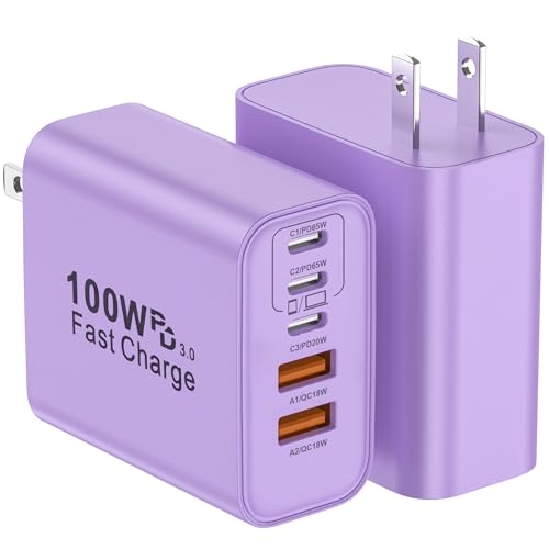 USB C Charger Block, 2-Pack 100W 5-Port USB C Wall Charger iPhone Charger Fast Charging PD Power Adapter+QC Wall Plug Multiport Type C Brick Chargers for iPhone 17 16 15 14 13 Pro Max,Samsung,MacBook - color: Purple, size: 2packs 100W