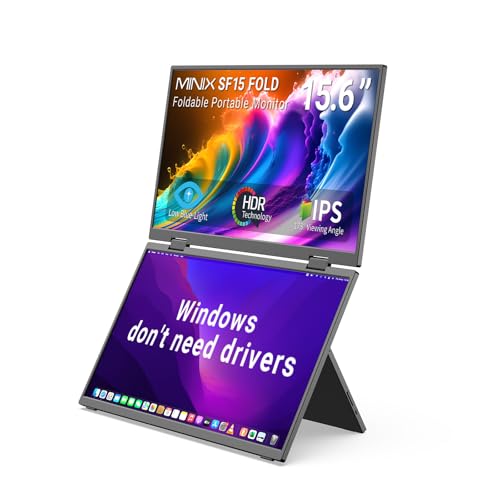 MINIX SF15 FOLD Dual 15.6" Foldable Portable Monitor, 1080P FHD, 300 nits, 100W PD, Low Blue Light, Recyclable Metal, Type-C & HDMI for Laptops, Study, Creative Projects, Office Collaboration - size: 15.6 inch