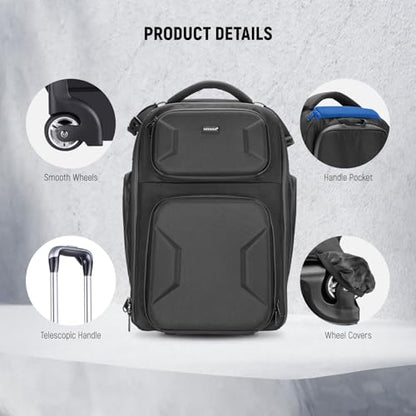 Neewer 2 in 1 Camera Roller Bag with Detachable Shockproof Dividers Retractable Handle Waistband Rain Cover Water Resistant Robust Carry On Backpack for Camera Tripod Flash Lens Laptop, Black, PB027 - style: Pb027