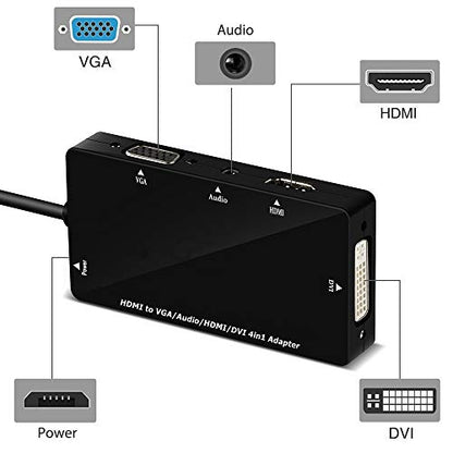 4-in-1 HDMI Adapter, Synchronous HDMI to VGA DVI HDMI Display Converter with Audio, 1080p Video for Laptop, Monitor, Projector (Black)