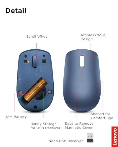 Lenovo 530 Wireless Mouse with Battery, 2.4GHz Nano USB, 1200 DPI Optical Sensor, Ergonomic for Left or Right Hand, Lightweight, GY50Z18986, Abyss Blue - color: Abyss Blue