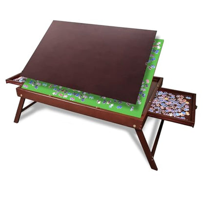 Solid Wood Puzzle Table with Tilt Adjustable Desktop, Portable Jigsaw Puzzle Board with Drawers, Non-Slip Felt Surface, Puzzle Table with Legs (Red-Brown) - color: Red-brown