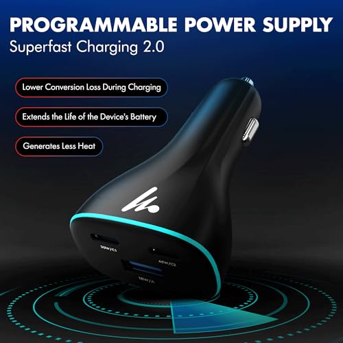 PD 95W Superfast Charging 2.0 Wozoyo Car Charger, with 2XType C & USB-A, PPS & QC 3.0, Triple Port (65W + 30W + 18W), 12V–24V Compatible, Multi-Layer Protection, 2-Years Manufacturer Warranty
