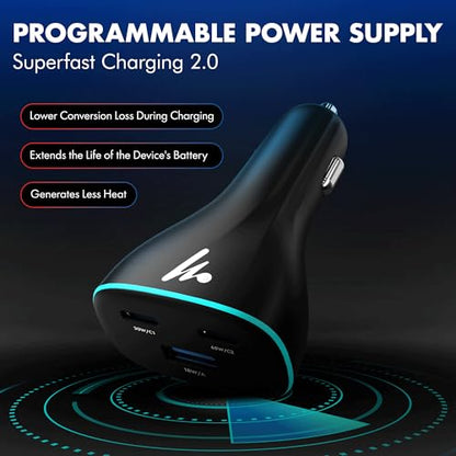 PD 95W Superfast Charging 2.0 Wozoyo Car Charger, with 2XType C & USB-A, PPS & QC 3.0, Triple Port (65W + 30W + 18W), 12V–24V Compatible, Multi-Layer Protection, 2-Years Manufacturer Warranty