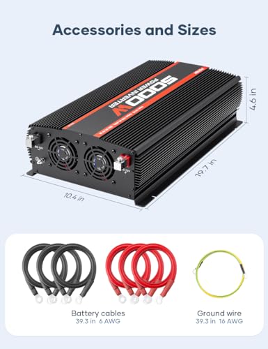 POTEK 5000W Power Inverter 4 AC Outlets 12V DC to 110V AC Car Inverter with 2 USB Ports Black - size: 5000W-MSW
