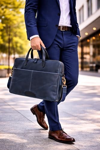 KomalC Leather Laptop Sleeve 15.5" with Trolley Strap, Fits up to 16" Laptop, Slim Office Bag with Shoulder Strap - color: Blue