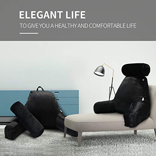 Reading Pillow for Adults Sitting‑Up in Bed, Backrest with Arms | Detachable Neck‑Cushion; Shredded Memory‑Foam; Side Pockets; Washable Velvet Cover; Gaming & TV, Sofa Use - color: Black