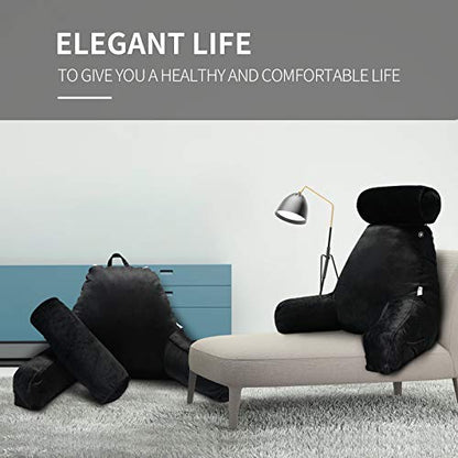 Reading Pillow for Adults Sitting‑Up in Bed, Backrest with Arms | Detachable Neck‑Cushion; Shredded Memory‑Foam; Side Pockets; Washable Velvet Cover; Gaming & TV, Sofa Use - color: Black