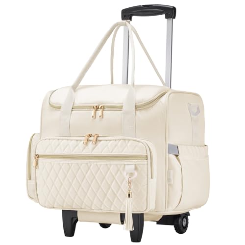 KSIBNW Rolling Laptop Bag for Women, Wheeled Teacher Tote Bag with Accordion Folder Waterproof Briefcases with 17 Inch Laptop Compartment and Detachable Dolly for Office, Work, Craft, White - color: White
