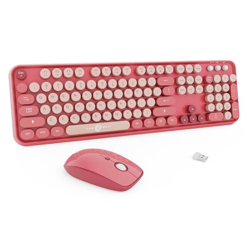 Wireless Keyboard and Mouse Combo, 104 Round Keys Cute Colorful Keyboard and Mouse with Retro Typewriter for PC/Mac/Laptop/Tablet/Computer/Windows Rose - color: Rose