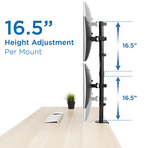 Mount-It! Vertical Dual Monitor Mount, Full Motion Dual Monitor Arm for 13–32" Screens, Heavy Duty Steel, VESA 75x75 100x100, C-Clamp or Grommet Base, Height Adjustable, Tilt Swivel Rotate, Black