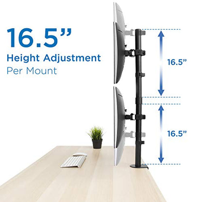 Mount-It! Vertical Dual Monitor Mount, Full Motion Dual Monitor Arm for 13–32" Screens, Heavy Duty Steel, VESA 75x75 100x100, C-Clamp or Grommet Base, Height Adjustable, Tilt Swivel Rotate, Black