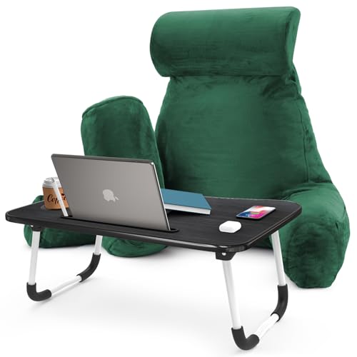 Nestl Reading Pillow with Portable Laptop Lap Desk - Shredded Memory Foam Back Support Pillow for Sitting Up in Bed and Couch Rest Pillows with Arms, Bed Tray Table with Foldable Legs, Dark Green - color: Dark Green, size: Large