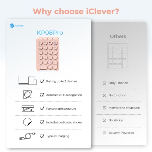 iClever Bluetooth Number Pad, 22 Keys Wireless Numeric Keypad, Rechargeable Mini Portable Numpad with Custom Stickers, Financial Accounting, Data Entry, Compatible with Laptop, Mac, Surface Pro, PC - color: Pink
