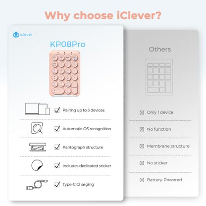iClever Bluetooth Number Pad, 22 Keys Wireless Numeric Keypad, Rechargeable Mini Portable Numpad with Custom Stickers, Financial Accounting, Data Entry, Compatible with Laptop, Mac, Surface Pro, PC - color: Pink