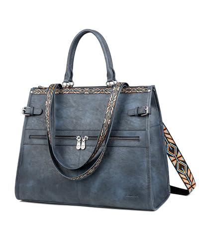 FADEON Laptop Bag for Women Designer PU Leather Large Tote Bags Backpack Purses with 15.6 Laptop Compartment Shoulder Handbag - color: Dark Blue Retro Style