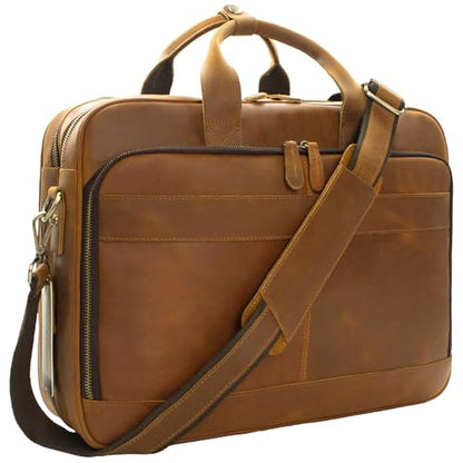 Jack&Chris Genuine Leather Briefcases for Men,15.6" Laptop Compartment Mens Laptop Messenger Bag - color: Mb005-light Brown-double