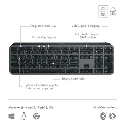 Logitech MX Keys S Wireless Keyboard Low Profile Fluid Precise - Graphite | Fluid precise quiet typing, programmable keys, backlighting, USB C rechargeable, for Windows PC, Linux, Chrome, Mac - color: Graphite, style: MX Keys S