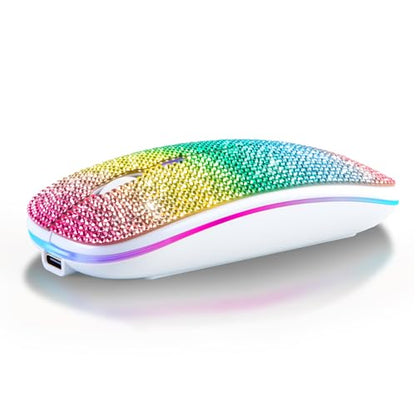 Bluetooth Mouse,Bling Dazzling 2.4GHz Rechargeable Wireless Mouse Slim with USB Receiver, Compatible with Notebook, PC, Laptop, Computer, MacBook,Great Gift idea for Her (Rainbow) - color: Rainbow