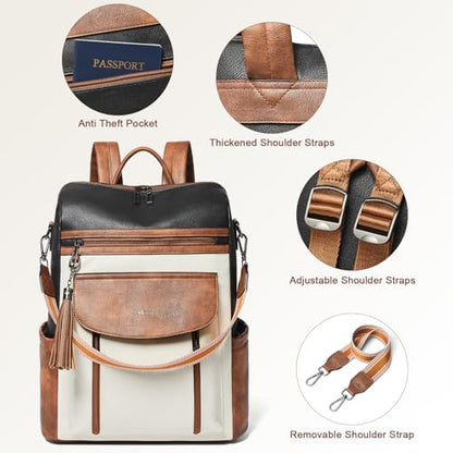 Laptop Backpack for Women 15.6 inch,Travel Leather Backpack Purse Nurse Teacher Carry on Backpack Computer Bag,Professional Water-Resistant College Business Work Casual Daypack,Two-tone Maroon - color: Black With Brown and White