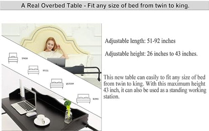 Adjustable Overbed Table, Over the Bed Table with Wheels, Medical Overbed Table with Wheels Adjustable Height, Rolling Desk for Full/Queen/King Bed, Sturdy Wood & Steel Frame (202-Black)