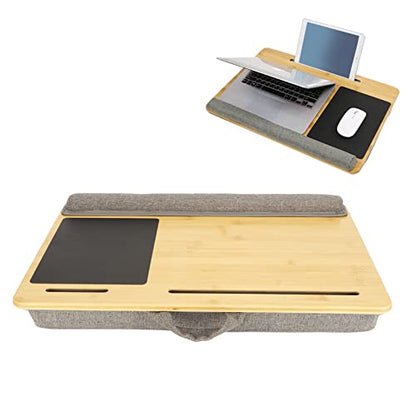 Laptop Desk with Built in Mouse Pad and Wrist Rest, for Laptops up to 18.5 Inch, Bamboo Lap Desk with Storage Pockets and Pillow Cushion