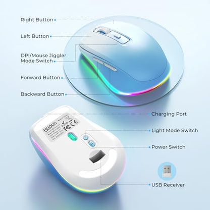PEIOUS Wireless Mouse Jiggler - Keep Computers Awake, Blue to White | Rechargeable LED Mouse, Silent Clicks, Adjustable DPI and Random Movement Keep Computers Awake for Laptop/PC/Mac - color: Blue to White