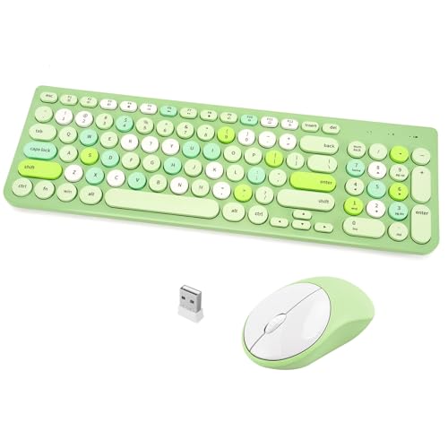 Wireless Keyboard and Mouse Combo, Retro Typewriter Keyboard with Round Keycaps, 2.4GHz USB Cute Wireless Keyboard Mouse for Computer, Desktop, Laptop (Green Colorful) - color: Green Colorful