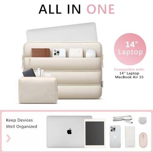 TECOOL Waterproof Puffy Laptop Case 14 Inch,Laptop Sleeve 14 Inch Compatible with Lenovo Thinkpad Ideapad HP Dell ASUS,MacBook Air 15 etc 14" Computer Case with Horizontal Pocket&Small Bag-Sand - color: Sand, size: 14 Inch