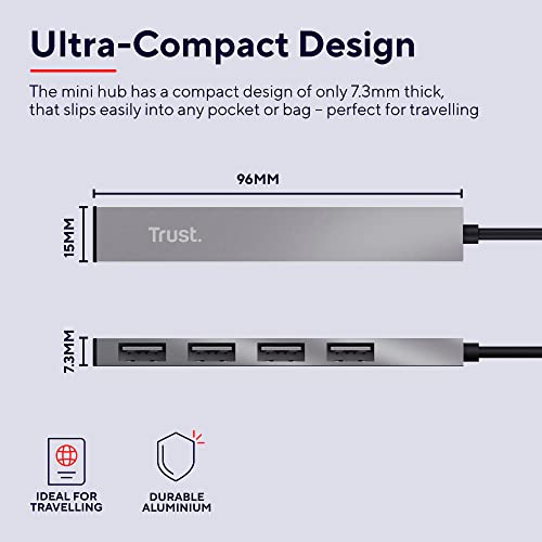 Trust Halyx 4 Port Mini USB Hub for PC Laptop Mac, Silver | Aluminium Lightweight Data Hub, Slim Portable USB 2.0 Splitter