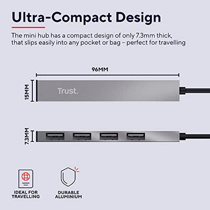 Trust Halyx 4 Port Mini USB Hub for PC Laptop Mac, Silver | Aluminium Lightweight Data Hub, Slim Portable USB 2.0 Splitter