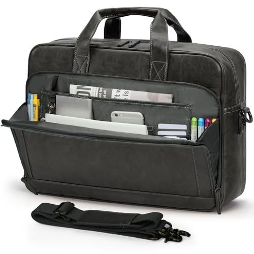 RAINSMORE Mens Laptop Bag 16 Inch Leather Briefcase Vintage Messenger Bag for Men Large Crossbody Shoulder Office Computer Bag Retro College Satchel for Work, Business,Travel, Grey - color: Grey