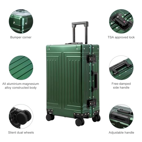 All Aluminum Carry On Luggage，Cut from Whole Aluminum Sheet，22x14x9 Airline Approved ，（3rd Generation，Premium Metal zipperless suitcase ） (green, 26inch) - color: green, size: 26 inch